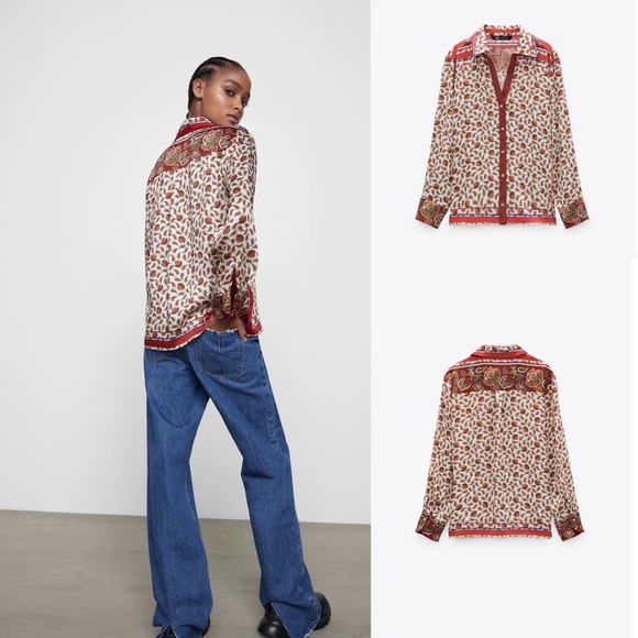 Zara Bold Print Satin Button Up Top XS Preowned - Picture 2 of 16